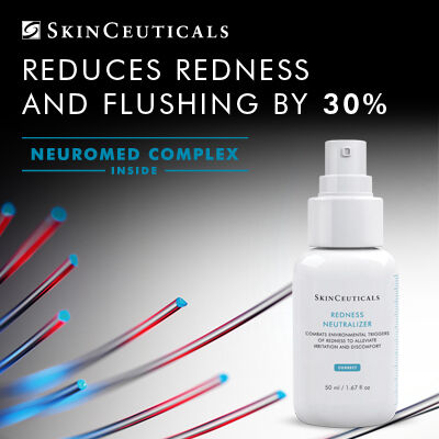 Afbeelding van een flacon SkinCeuticals Redness Neutralizer, die vermeldt dat het de roodheid en blozen met 30% vermindert, met de tekst "Neuromed Complex Inside".