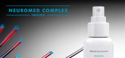 Afbeelding van een flacon SkinCeuticals Redness Neutralizer, die vermeldt dat het de roodheid en blozen met 30% vermindert, met de tekst "Neuromed Complex Inside".