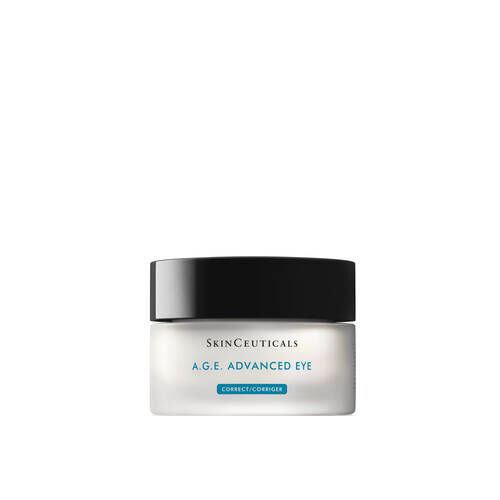 A jar of SkinCeuticals A.G.E. Advanced Eye cream with a black lid, designed for eye area correction and protection.