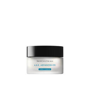 A jar of SkinCeuticals A.G.E. Advanced Eye cream with a black lid, designed for eye area correction and protection.