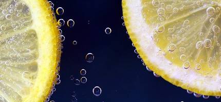 Close-up of two lemon slices submerged in sparkling water, with small bubbles clinging to the fruit.