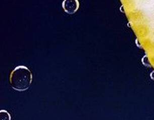 Tranches de citron avec des bulles d’air sur un fond sombre, creant un effet rafraichissant et petillant.