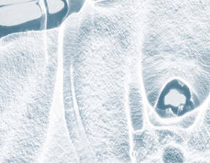 Close-up of an abstract, icy surface with intricate patterns and textures, resembling frost or frozen water.