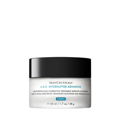 A jar of SkinCeuticals A.G.E. Interrupter Advanced, a skincare treatment targeting signs of aging and glycation damage.