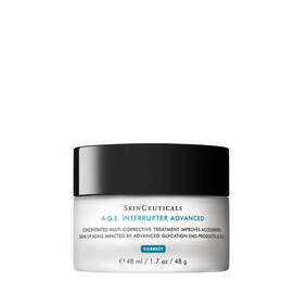 A jar of SkinCeuticals A.G.E. Interrupter Advanced, a skincare treatment targeting signs of aging and glycation damage.